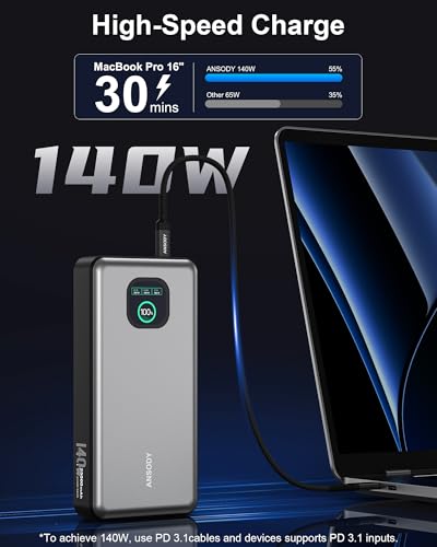 140W Laptop Power Bank, 25000mAh with TFT Smart Digital Display - color: Silver