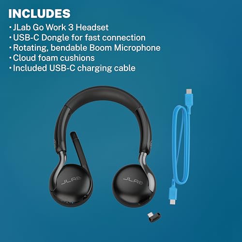 JLab, Go Work Gen 3, Wireless Headset, Boom Microphone, Noise Cancelling Mic, USB-C Dongle, Bluetooth Multipoint, Black