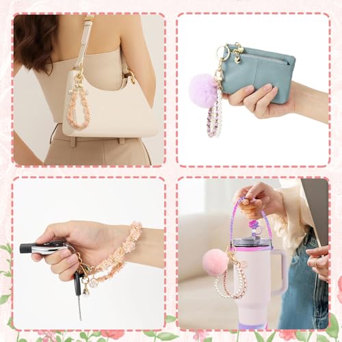 WOZEAH Phone Charm for Women, Beaded Wrist Strap Lanyard with Tether Tab – Detachable Phone Chain Wristlet - color: Black Pompom