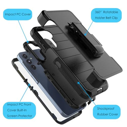 Njjex Rugged Case for Samsung Galaxy A16 5G, for Samsung A16 5G Case with Belt Clip Holster, Built-in Screen Protector Heavy Duty Shockproof Locking Swivel Holster Kickstand Hard Phone Cover [Black] - color: Black/Black