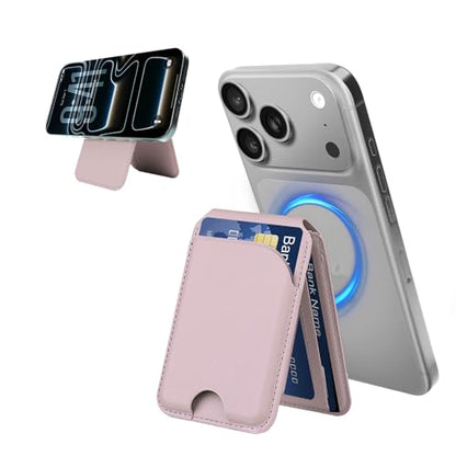 for MagSafe Wallet，Leather Magnetic Wallet for Phone with Adjustable Stand，5 Magnetic Credit Card Holder RFID Blocking for iPhone 17 16 15 14 13 12 Air Pro Max Series Cases(Pink) - color: Pink