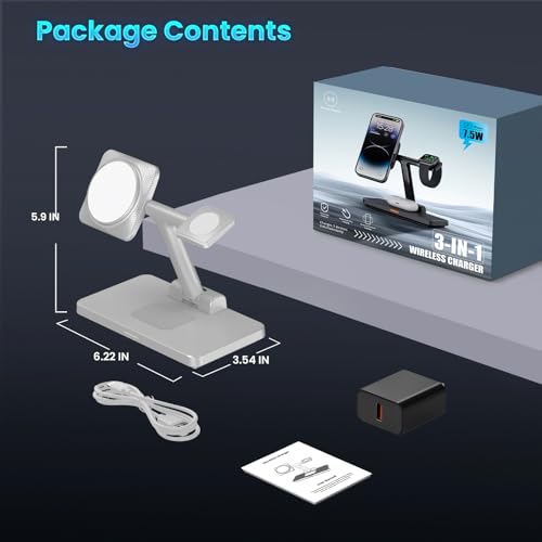 Magnetic 3 in 1 Wireless Station Foldable: JoyGeek MagSafe Charging Stand for iPhone 17 Air 16 Pro 15 Max, Apple Watch SE 2, AirPods Pro 3 (Gray) - color: Silver