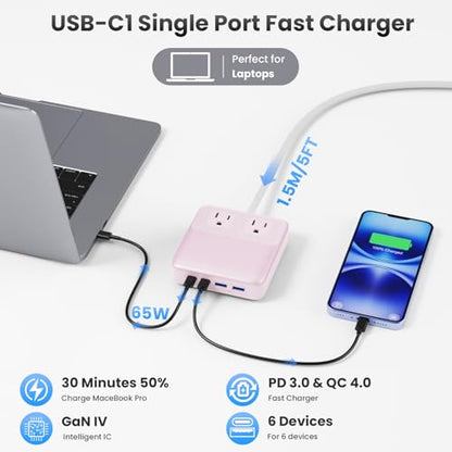 135W Charging Station USB C Power Strip,6-in-1 GaN USB C Charger Block with Plug &5ft Cord,2 AC,2 USB-A,2 USB-C,PD 65W Laptop Charger for MacBook,iPhone 16/15/14,Desktop Fast Charging for Home,Office