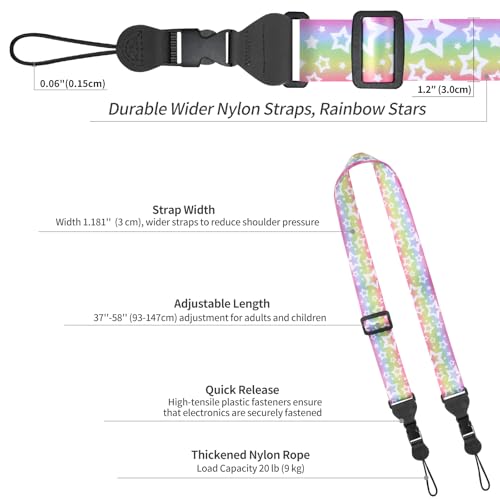 FIEIL 5 Pack Adjustable Shoulder Strap, Nylon Camera Strap, Comfortable Neck Strap for iPad, Cellphone Tablet, Camera, Laptop, Binocular, Luggage Bag (Rainbow Stars Universal Lanyard) - size: 5 Pack Rainbow Stars
