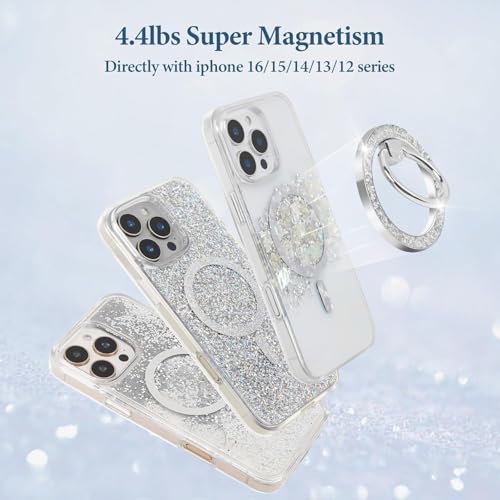 Magnetic Phone Ring for MagSafe Phone Grip, Magnetic Cell Phone Stand Holder Finger Ring [Super Magnet] Compatible with iPhone 17/16/15/14/13/12 Series - Stylish Glitter Silver-S-25