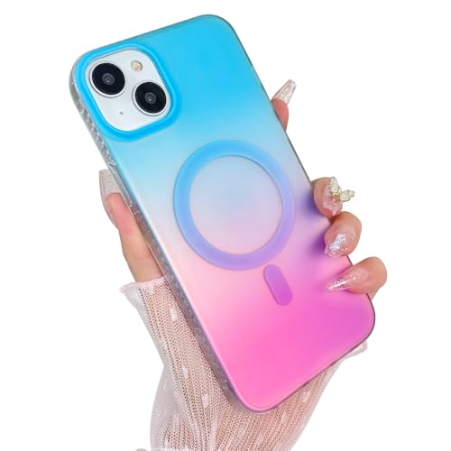 Cute Case for iPhone 15 Plus & 14 Plus, Iridescent Blue & Pink | Compatible with Magsafe, Aesthetic Girly Matte Glitter Sparkly Rainbow Magnetic Protective Phone Cover for Women Girls - color: 01 Gradient Blue & Pink, size: iPhone 14 Plus / 15 Plus (6.7 i
