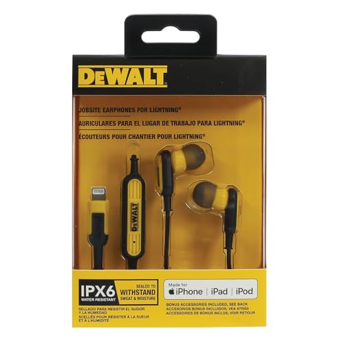 DEWALT Heavy Duty Earphones for Lightning, Compatible w/Apple iPhone Headphones Wired, Jobsite Water-Resistant for iPhone Headphones Wired Lightning, Corded Earphones for iPhones 14 and Older