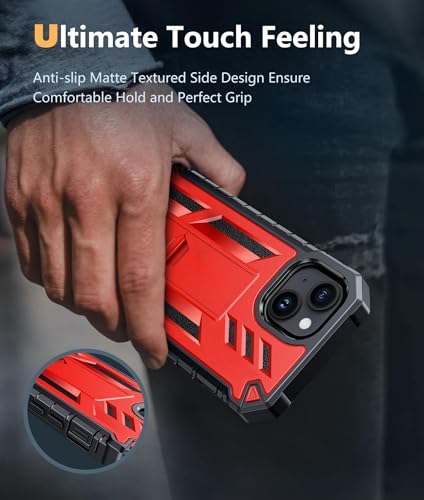 FNTCASE for iPhone 15/14/13 Case, Built-in Screen Protector, Kickstand Red | 20FT Military-Grade Drop Protection, Anti-Slip Matte Textured, Rugged Heavy Duty Shockproof Protective Phone Cover, Red - color: Red