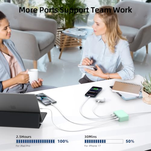 100W 6 in 1 USB Charger, 50% Smaller Charging Station for Multiple Devices - color: Light Green