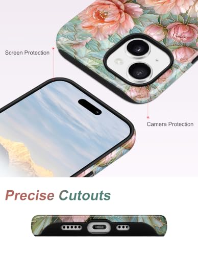 Magnetic Flower Phone Case for iPhone 15 Pro, Pink Peony | Compatible with MagSafe, Cute Stained Glass Floral Aesthetic Design, TPU and PC Protective Shockproof Cover - color: Pink Peony