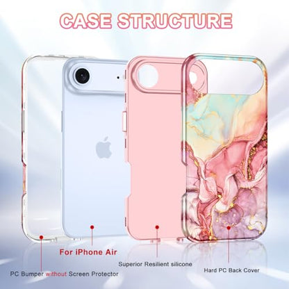Btscase Compatible with iPhone Air Case 6.5 Inch 2025,Marble Pattern 3 in 1 Heavy Duty Shockproof Full Body Rugged Hard PC+Soft Silicone Drop Protective Women Girl Phone Cases, Rose Gold - color: A-Rose Gold, size: iPhone Air