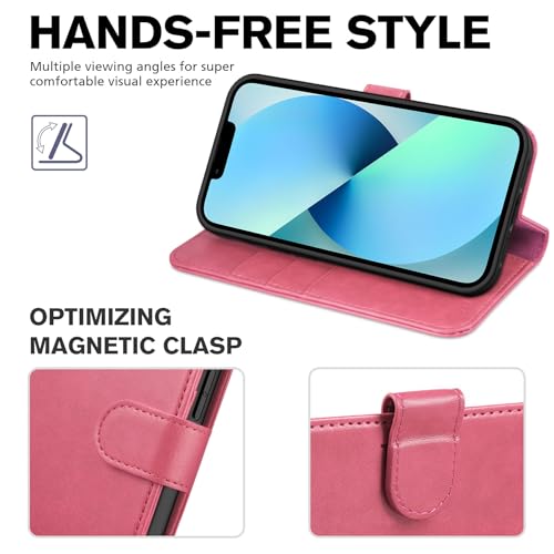 TUCCH Case Wallet for iPhone 13 (6.1") 2021, RFID Blocking Folio, Hot Pink | 3 Card Holders, Kickstand, PU Leather, Magnetic Closure, Shockproof TPU Shell, Protective Flip Cover - color: Hot Pink
