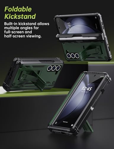KJSK for Samsung Galaxy Z Fold 5 Case,with S Pen Holder+Belt Clip Holster+Built-in Kickstand+Hinge Protection,Heavy Duty Military Grade Drop Proof Case for Galaxy Z Fold 5(Green) - color: Green