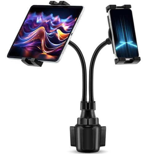 DaisyInner Dual Phone Holder for Car Cupholder, 360° Rotatable 4.7-10"