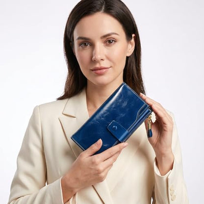 YALUXE Women's Real Leather Wallet RFID Protect 21 Card Slots Phone Pocket - color: 4- Waxed Blue, size: Genuine Leather