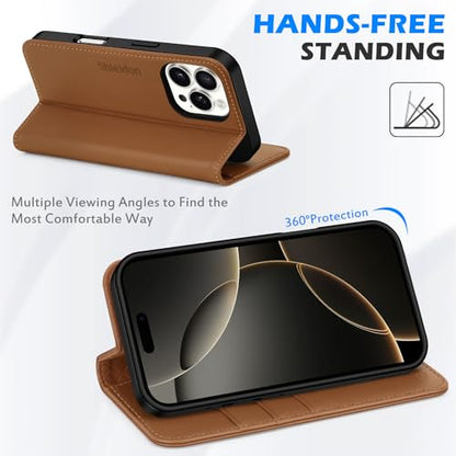 SHIELDON Real Leather Case Wallet for iPhone 16 Pro Max 6.9", Saddle Brown | Flip Magnetic Cover, RFID Blocking, Credit Card Slot, Kickstand, Book Design, Soft Shockproof Phone Shell - color: Saddle Brown