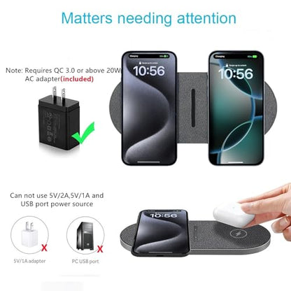 40W Wireless Charging Pad,Dual 20W Charging mat for Apple iPhone 16 15 14 13 12 11 Pro/Max/Mini/Plus/XS/XR,Airpods 4/3/Pro,2 in 1 Wireless Phone Charger for Samsung,Pixel,Xperia(with PD Adapter) - color: Gray with Adapter