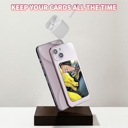 Phone Credit Card Holder Stick on, Cell Phone Pocket Self Adhesive Stretchy Stick on Wallet ID Credit Card Case Pouch Sleeve with Flap for All Smartphones, Gray-Yellow Dragon - color: Gray-Yellow Dragon