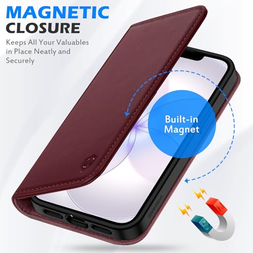 SHIELDON Genuine Leather Case Wallet for iPhone 17e/16e 6.1", Wine Red | Flip Magnetic Cover, RFID Blocking, Credit Card Slot, Kickstand, Book Design, Soft Shockproof Phone Shell - color: Wine Red