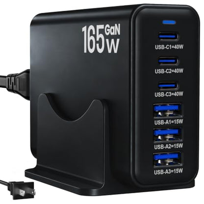 165W Charging Station, 6 Port Desktop Charger, 3 Ports 40W Black - color: Black