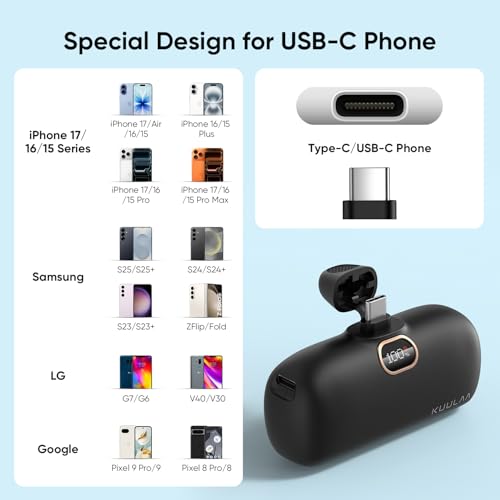Kuulaa Portable Phone Charger with Built-in USB-C Plug, 5000mAh Mini Portable Charger Power Bank Small Battery Pack for iPhone 15/16/17 Samsung S24/S23 & Android (Black) - color: Black