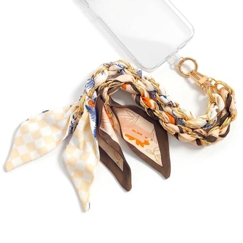 AGEN KGEN Phone Charms with Scarf Gold Metal Phone Lanyard Wrist Strap - color: Apricot & Brown Flowers