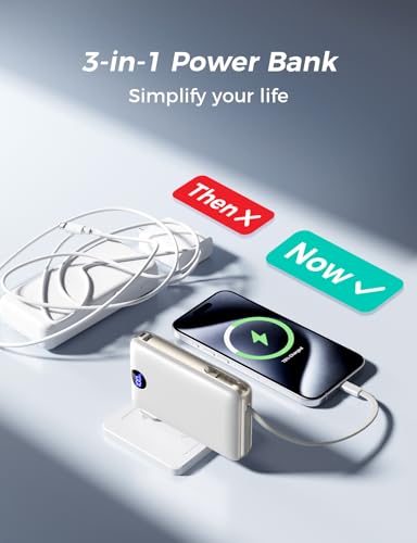 Portable Charger 50000mAh with Built-in Cables and AC Wall Plug, 22.5W Fast Charging Power Bank with LED Display for iPhone 17/16, Samsung, Android Devices, Camping, Road Trips and Travel, White - color: White