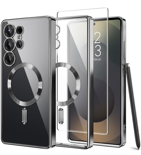 Magnetic Case Compatible with Samsung Galaxy S25 Ultra,Compatible with MagSafe,[Full Camera Protection][Screen Protector] Shockproof Plating Clear Phone Cover for Galaxy S25 Ultra(Black/Clear) - color: Black/Clear, size: Samsung Galaxy S25 Ultra 6.9 Inch