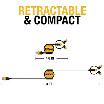 DEWALT Heavy Duty 3 in 1 Retractable Multi Charging Cord, 3ft Fast Charging