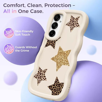for Galaxy A15 Phone Case, Wavy Soft TPU, White-Leopard Star | Wavy Frame Design, Soft Slim TPU, Full Camera Lens Protection, Shockproof Phone Cover - color: White-Leopard Star, size: Samsung A15
