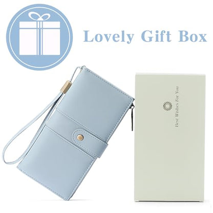 GAEKEAO Wallets for Women Leather RFID Blocking Large Capacity Card Case Ladies Wristlet Clutch Wallets Zipper Pocket with 4 ID Windows 20 Card Slots - color: Light Blue