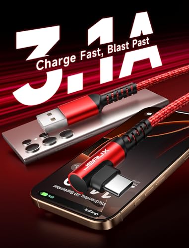 JSAUX Right Angle USB C Cable [2-Pack 6.6ft] for iPhone, Samsung, Red - color: Red, size: 6.6ft+6.6ft