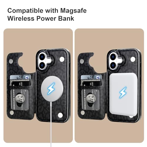 HAOPINSH Wallet Case for iPhone 17, Compatible with MagSafe Wireless Charging, Black Leopard Cheetah Pattern Back Flip Folio Leather Kickstand Card Slots Case Double Magnetic Clasp Cover 6.3" - color: Black Leopard for MagSafe