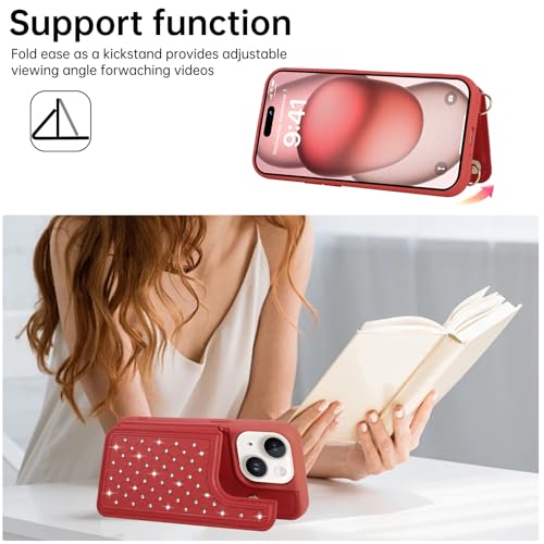 for iPhone 11 Wallet Case with Card Holder Slots and Strap, RFID Blocking Magnetic Flip Folio Cover, Crossbody Purse Protection Case with Kickstand,Red Diamond - color: Red Diamond, size: iPhone 11(6.1")