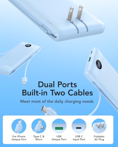 VRURC Portable Charger AC Plug and Built-in-Cables 10000mAh Fast Charging - color: Blue