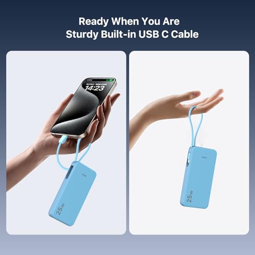 JUOVI 25W Portable Charger 10000mah Power Bank Built-in USB-C Cable - color: Blue