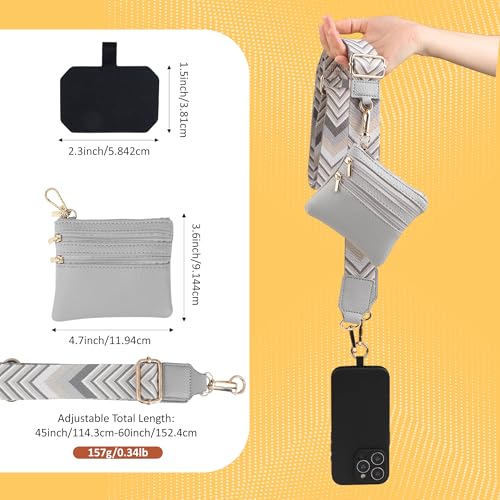 BARGIFTS Clip and Go Strap for Phone with Wallet Crossbody, Cell Phone Lanyard with Zippered Pouch, Adjustable Phone Strap Crossbody with Wallet - color: A-Grey