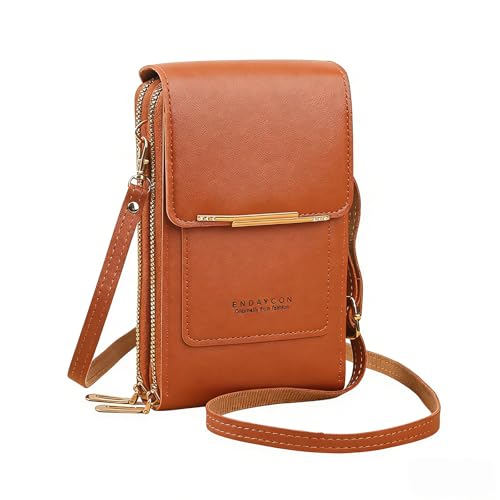 Women's Touchscreen Phone Crossbody Bag, Anti-theft Leather Phone Wallet, Perfect Holiday Gift - color: Brown