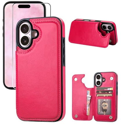 Wallet Case Compatible with iPhone 16 Plus 6.7”, Slim Protective Case with Card Holder,Premium PU Leather Kickstand Card Slots Case with Double Magnetic Clasp-Rosered - color: Rosered, size: iphone 16 Plus 6.7"