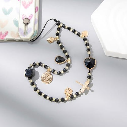 Phone Wrist Strap, Beaded Phone Charms, Cute Cellphone Lanyard Chain Strap Compatible for iPhone 16 15 14 13 12, Smartphones, Black Heart - color: Black