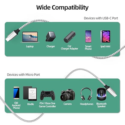 USB C to Micro USB Cable 10ft Braided Cord 3M for Charging Data Transmission - size: 10 Feet