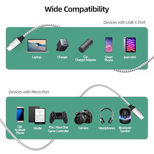 USB C to Micro USB Cable 6.6ft, 16W Charging & 480Mbps Data Transfer Braided Cord 2M - size: 6.6 Feet