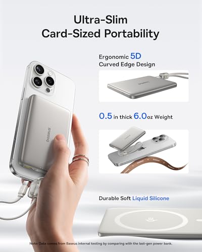 Baseus Picogo Qi2 15W Magsafe Portable Charger, 0.5" Ultra Slim 10000mAh Wireless Power Bank with 27W Built-in USB-C Cable, Magnetic Battery Pack for iPhone 17 Pro Max/17 Pro/Air/16/15/14/13/12 | 10000mAh Wireless Power Bank, 27W Fast Charging Magnetic Ba