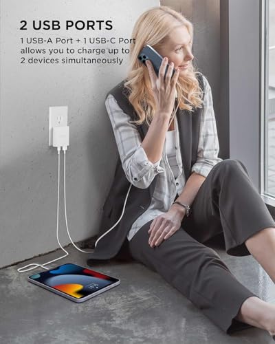 iHome 2-Port 20W Dual Port USB-C and USB-A Wall Charger, Travel Adapter - color: White