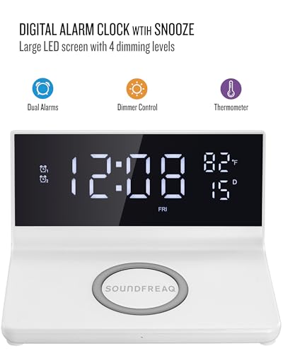 Soundfreaq Charge Rise II, SFQ-20: Digital Alarm Clock, with Fast USB Charger and Wireless Charger (White, Home) - color: White