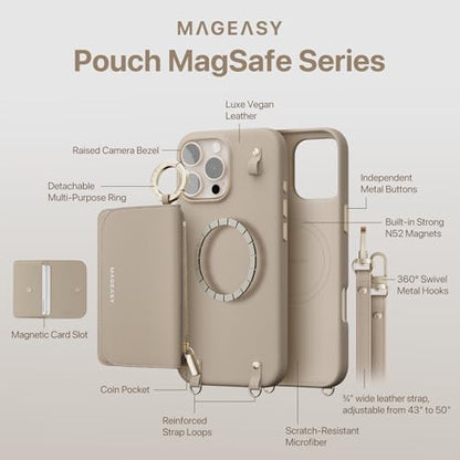 MAGEASY Pouch MagSafe Crossbody Wallet Phone Case for iPhone 16 Pro - Removable Wallet with Strap, 16ft Shockproof Protection, Card Holder & Coin Pocket Magnetic Purse Compatible with MagSafe (Black) - color: Black, size: iPhone 16 Pro