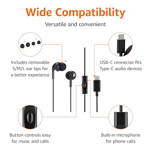 Amazon Basics Wired Earbuds with Microphone, in-Ear Headphones, USB-C, 4.2 ft Cable, S/M/L Ear Tips, Black - size: 1 Pack, style: USB-C