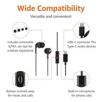 Amazon Basics Wired Earbuds with Microphone, in-Ear Headphones, USB-C, 4.2 ft Cable, S/M/L Ear Tips, Black - size: 1 Pack, style: USB-C