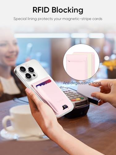 TopMade Phone Card Holder, Leather Phone Wallet Stick on with Stand, Open ID Window, Strongest 3M Adhesive Credit Card Holder for Back of Phone Case, iPhone, Samsung, and Android, Fit 6 Cards, Pink - color: Pink