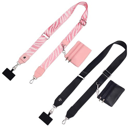 2pcs Clip and Go Strap for Phone with Wallet Crossbody Strap with Pouch - color: Pink+black